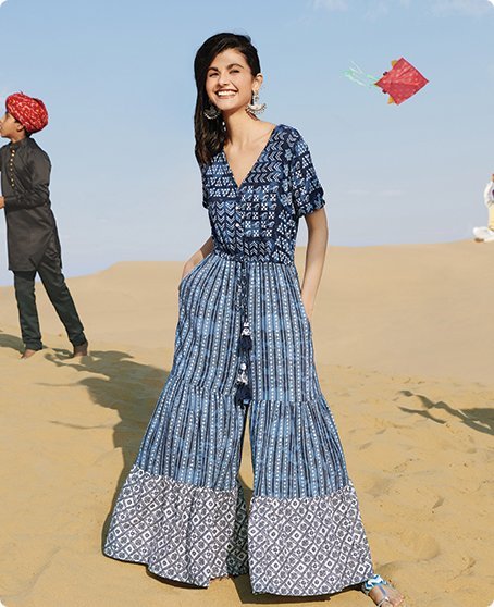 Anita Dongre -Designer - Charu Creation Blog - Jalsa Collection - Spring/Summer 2020 - Rajasthan - Rajasthani inspired - desert - printed fabric - garara - jumpsuit - V-neckline - quirky - feminine - woman - dress - garment - blue printed fabric