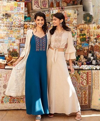 Global Desi Brand - Anita Dongre -Designer - Charu Creation Blog - Plain Fabric - Jumpsuits - Blue - turquoise dress - beige color dress - embroidered dress - flared sleeve - shrug - printed fabric